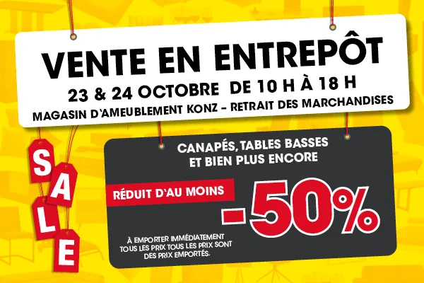 Grande vente de déstockage au magasin d’ameublement de Konz – retrait des marchandises les 23 & 24.10.
