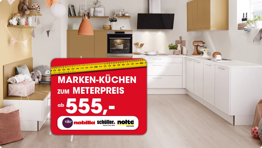 Markenküchen zum Meterpreis von Nolte Küchen, Vito, nobilia und Schüller ab 555€